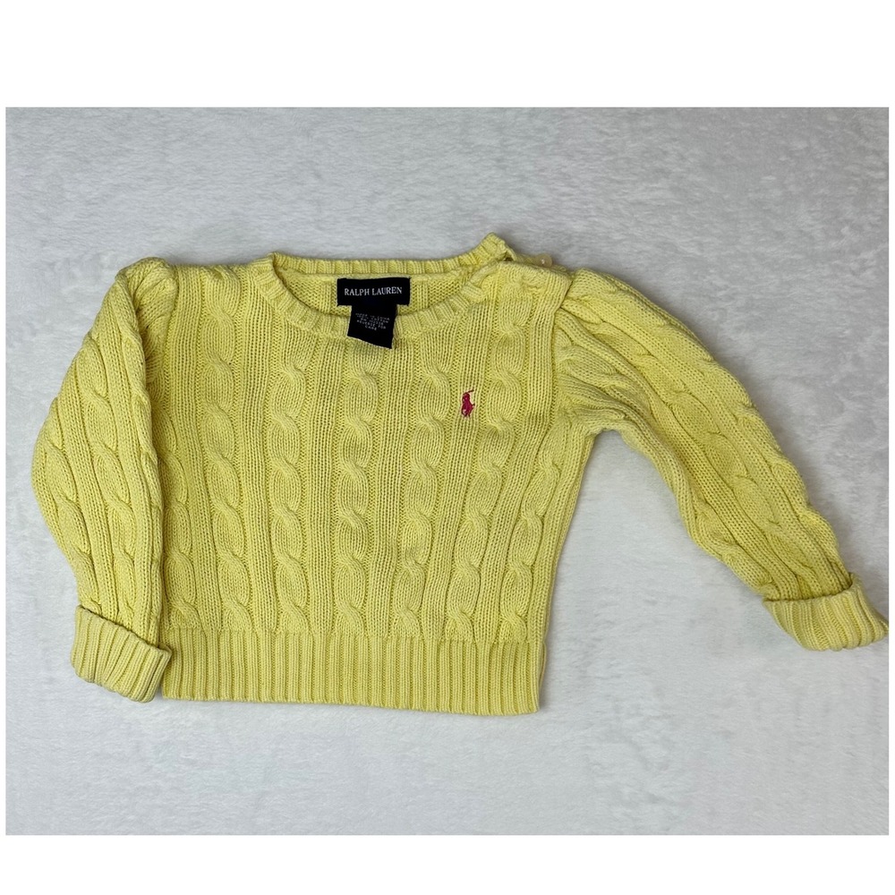 Ralph Lauren Baby Girls Yellow Cable Knit Cotton Sweater Pink Pony 12M